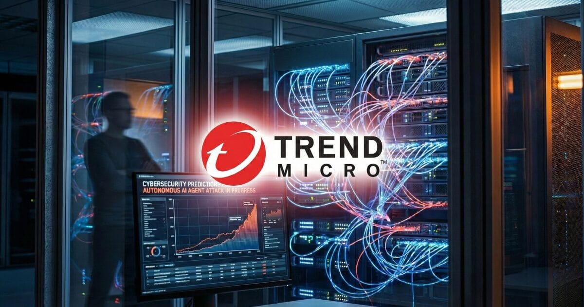 Cybersecurity Predictions 2026 - לוגו חברת Trend Micro על רקע חדר שרתים ומסך המציג נתונים אודות מתקפות סוכני בינה מלאכותית אוטונומיים.