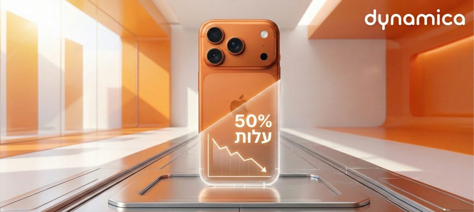 iPhone Forward Trade-In - המחשה ויזואלית של אייפון בצבע כתום עם גרף המציג ירידת עלות של 50% במסגרת שירות הטרייד-אין של דינמיקה