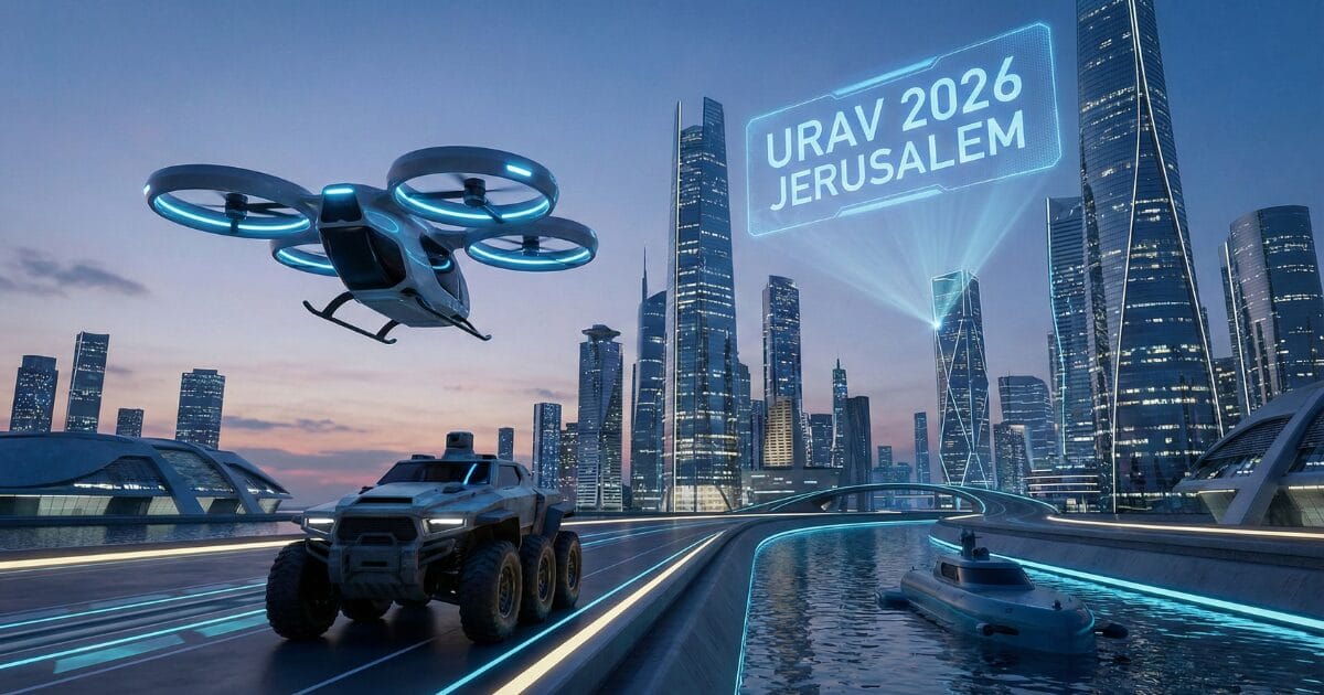 URAV 2026 Conference - הדמיה עתידנית של רחפן, רכב שטח וסירה אוטונומיים על רקע קו הרקיע של ירושלים