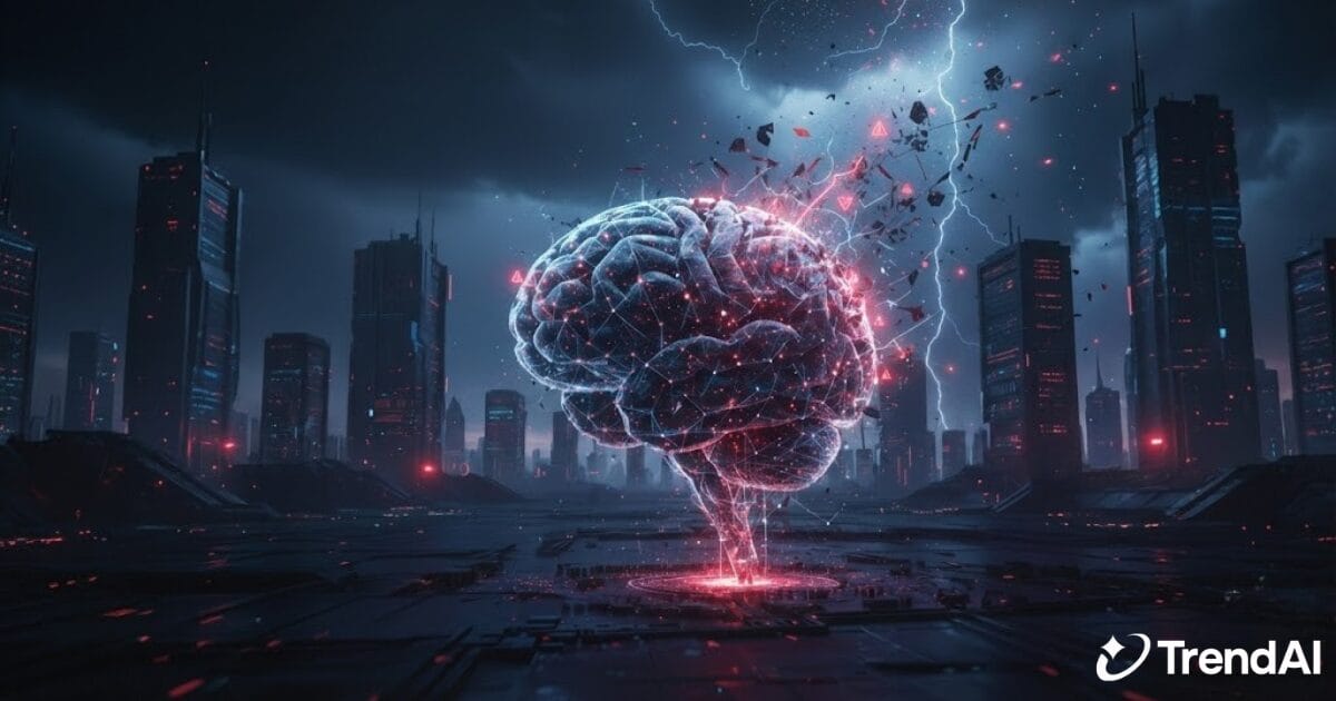 Unmanaged AI Adoption - ניתוח ויזואלי של חברת TrendAI המציג מוח דיגיטלי פועם בסביבת עיר עתידנית תחת סערת ברקים, הממחיש אימוץ טכנולוגי לא מבוקר.