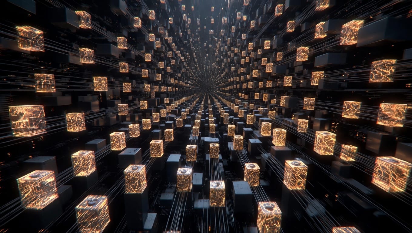 Cyber Attacks Hpe Threat Report in the wild - Digital visualization of glowing data cubes and network connections in a cyber space environment.