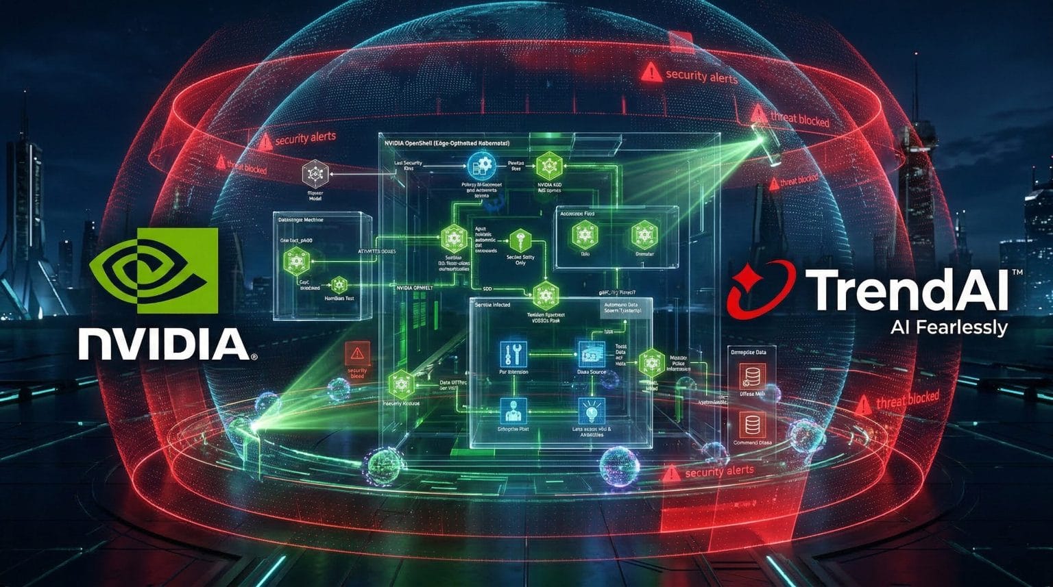 NVIDIA OpenShell - המשך התיאור: הדמיה ויזואלית של מערכת אבטחת סייבר מתקדמת המשלבת את טכנולוגיית TrendAI בסביבה עתידנית עם שכבות הגנה דינמיות.