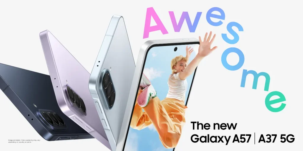 Galaxy A57 5G - מגוון צבעי סדרת ה-Galaxy A החדשה לשנת 2026, המציגה את עיצוב המצלמות האחורי ומסך Infinity-O בחזית המכשיר.