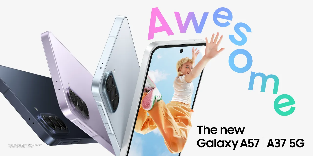 Galaxy A57 5G - מגוון צבעי סדרת ה-Galaxy A החדשה לשנת 2026, המציגה את עיצוב המצלמות האחורי ומסך Infinity-O בחזית המכשיר.