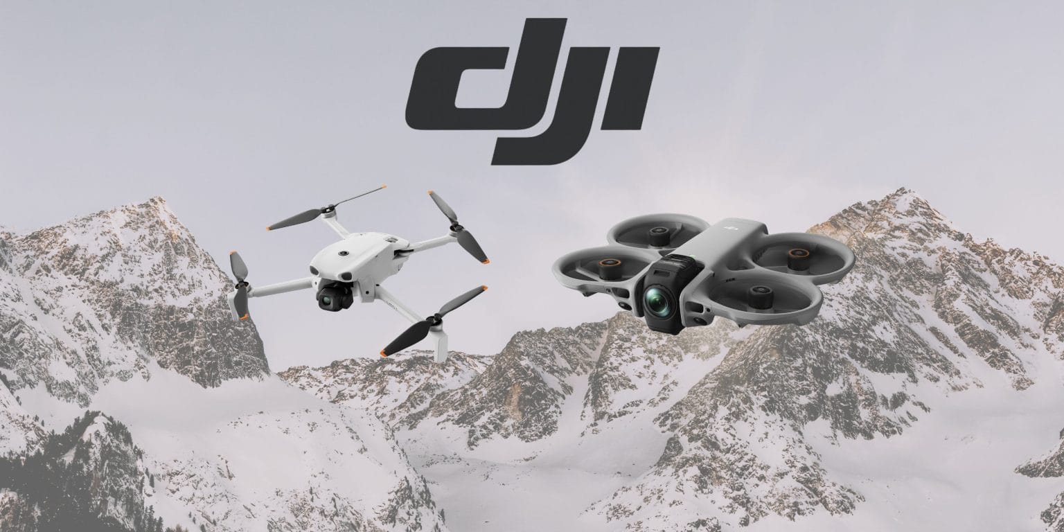 DJI Avata 360 and Lito - רחפני DJI מתקדמים על רקע נוף הררי מושלג המציגים את עיצוב המוצר והמבנה האירודינמי.