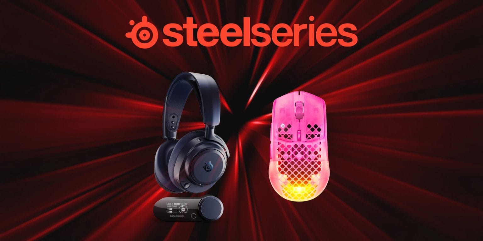 Arctis Nova Pro Omni and Aerox 3 WL Gen 2 - אוזניות גיימינג ועכבר אלחוטי מבית SteelSeries על רקע אדום דינמי.