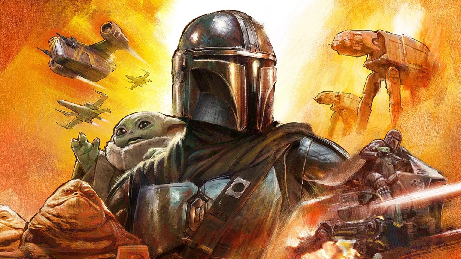 The Mandalorian and Grogu - איור המציג את המנדלוריאן, גרוגו, רכבי חלל דוגמת ה-Razor Crest, הולכי קווים מסוג AT-AT ודמויות נוספות בסגנון כרזת קולנוע קלאסית.