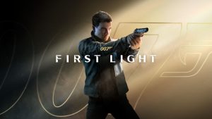 007 First Light - דמותו של הסוכן החשאי ג'יימס בונד אוחזת באקדח על רקע הלוגו של המשחק