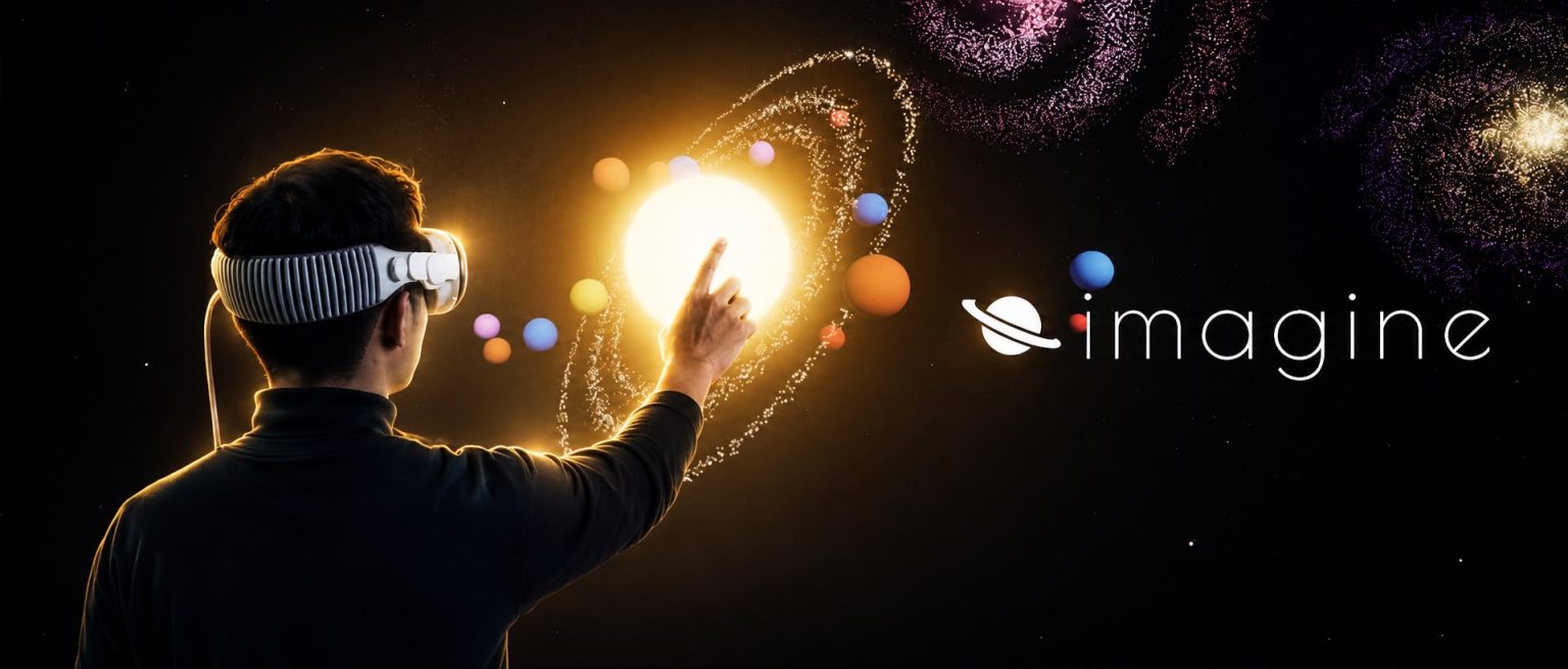 IMAGINE3D - אדם מרכיב משקפי מציאות מדומה (VR) ונוגע בהדמיה תלת-ממדית מוארת של מערכת השמש בחלל
