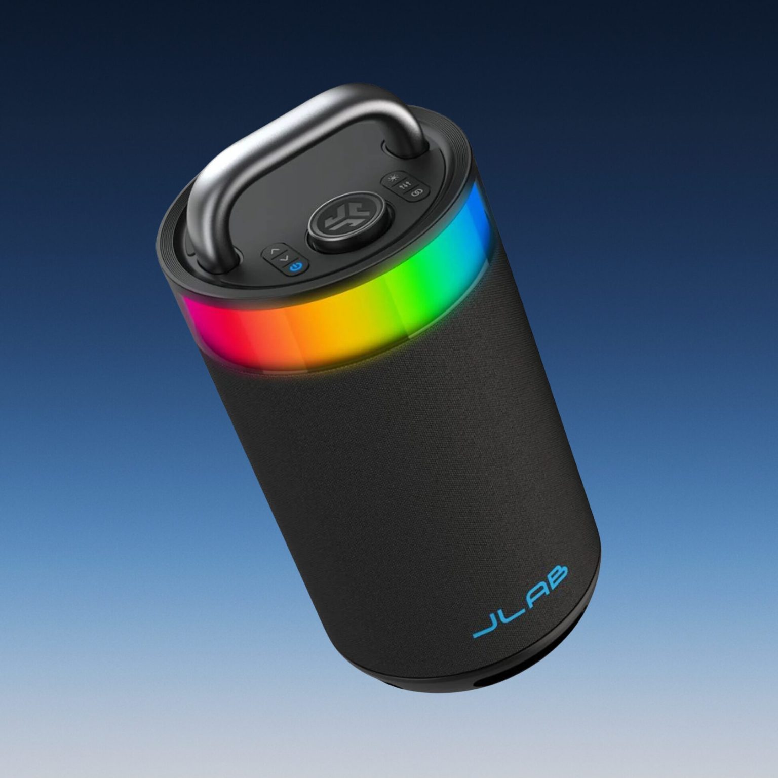 JLAB Epic Party - רמקול בלוטות' שחור עם תאורת RGB, מרחף על רקע כחול מדורג