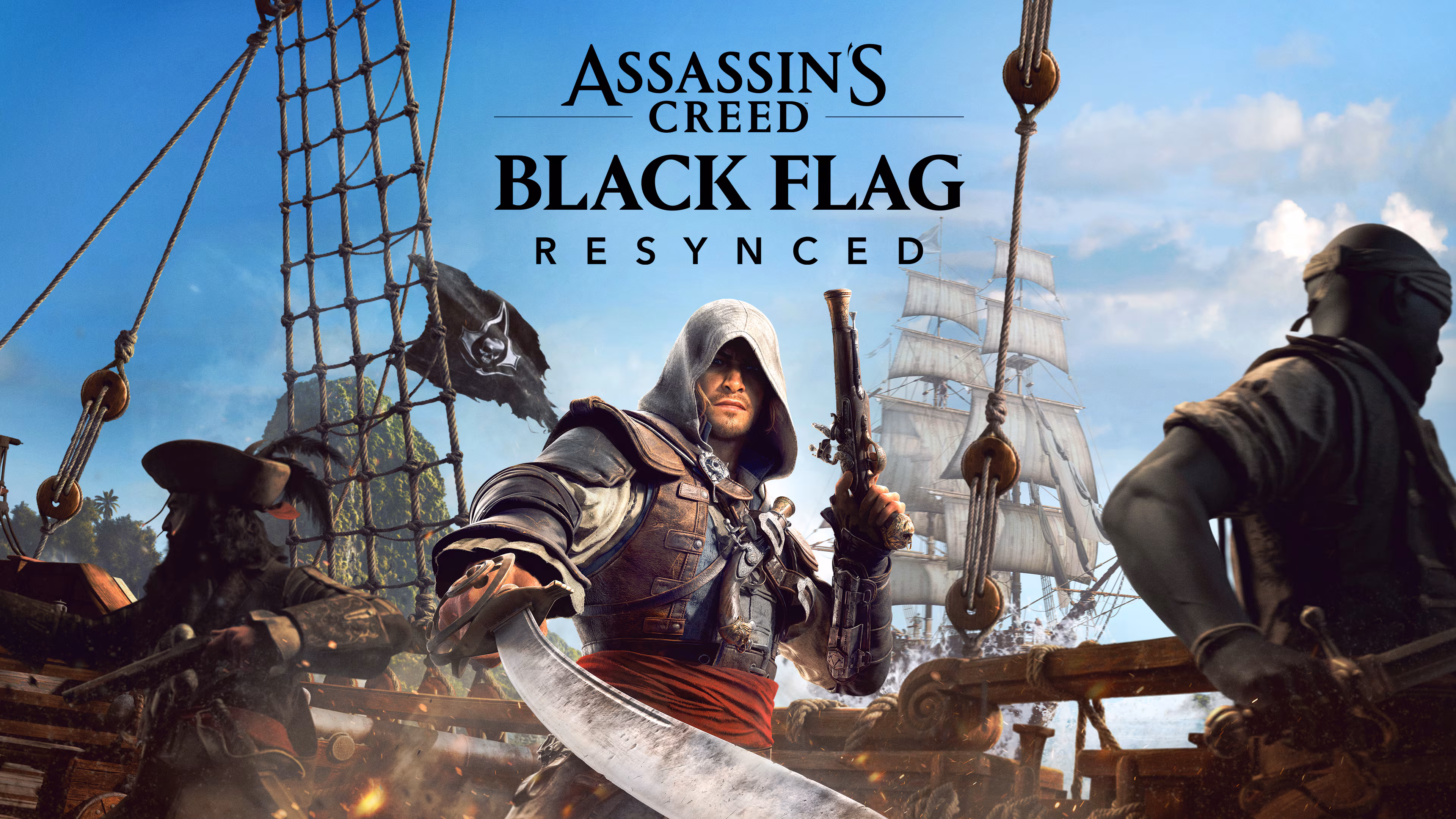 Assassins Creed Black Flag Resynced - דמותו של אדוארד קנוויי על סיפון ספינת פיראטים עם חרב נשלפת ואקדח