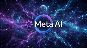 Meta AI - לוגו המערכת במרכז רשת נוירונים דיגיטלית מאירה בצבעי כחול וסגול, תחת גלובוס הממחיש קישוריות נתונים גלובלית.