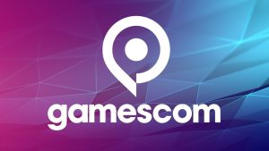 Gamescom 2026 - לוגו תערוכת הגיימינג הבינלאומית על רקע גיאומטרי בגווני סגול וכחול