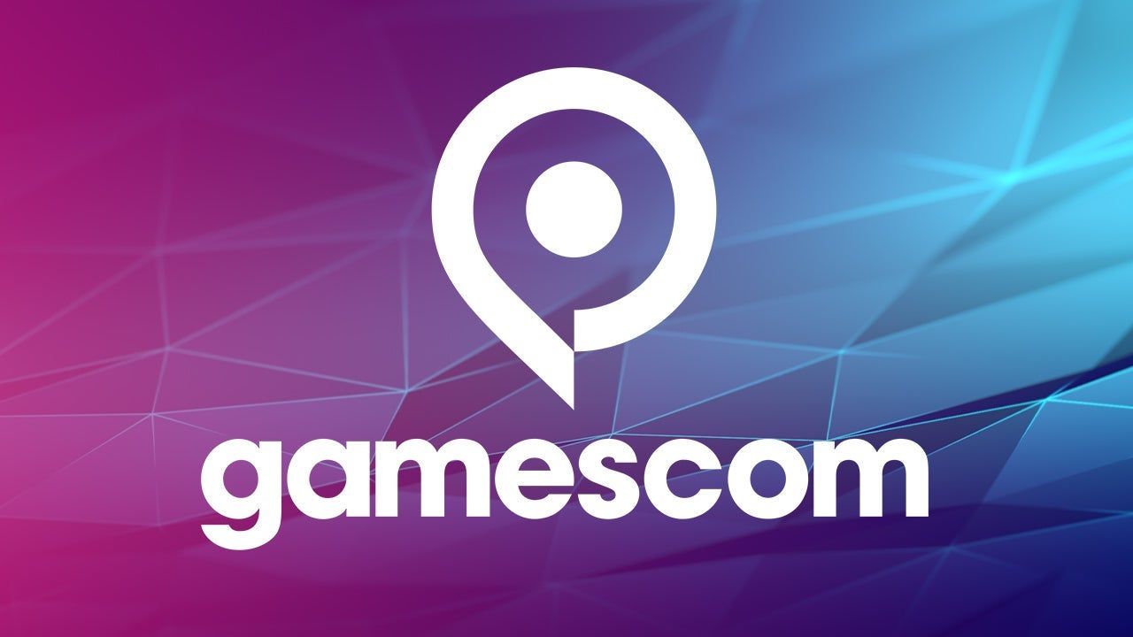 Gamescom 2026 - לוגו תערוכת הגיימינג הבינלאומית על רקע גיאומטרי בגווני סגול וכחול