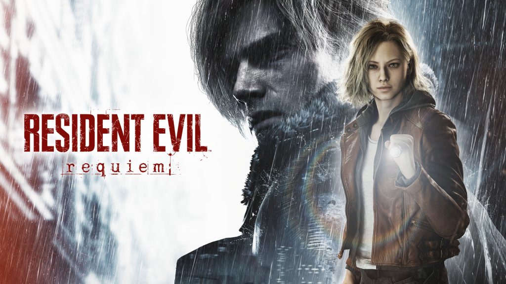 Resident Evil Requiem - אישה בלונדינית במעיל עור חום מחזיקה פנס ביד בגשם שוטף על רקע דיוקן גדול ומעורפל של דמות גבר