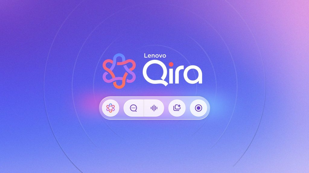 Lenovo QIRA - לוגו המערכת לצד סרגל כלים צף עם אייקונים על רקע מעגלי בגווני סגול וכחול