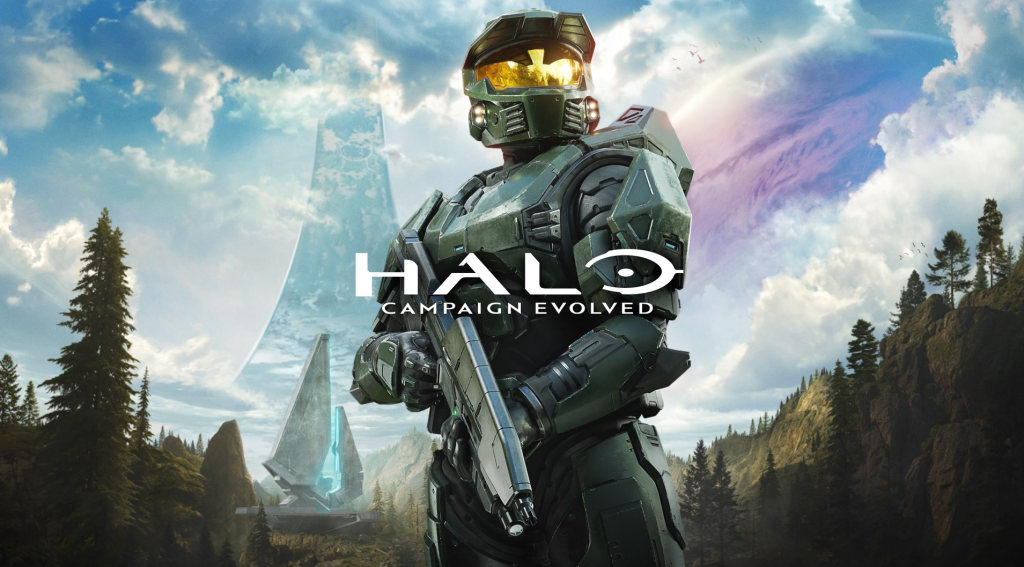 Halo Campaign Evolved - מאסטר צ'יף בשריון ירוק אוחז בנשק על רקע נוף הררי ומבנה חייזרי