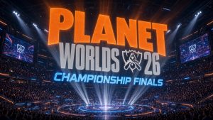 League of Legends Worlds - אצטדיון ספורט אלקטרוני ענק ומלא בקהל עם הכיתוב Planet Worlds 26 Championship Finals