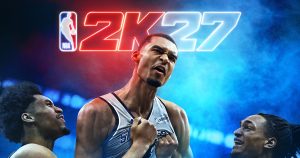 NBA2K27 - ויקטור ומבניאמה במדי סן אנטוניו ספרס על רקע לוגו המשחק 2K27