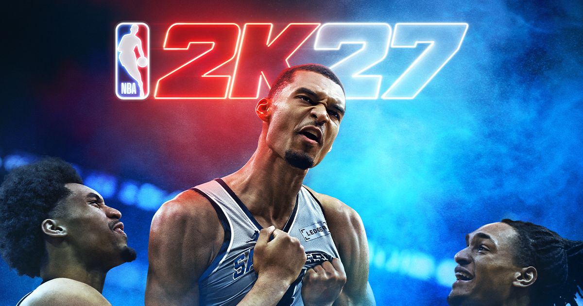 NBA2K27 - ויקטור ומבניאמה במדי סן אנטוניו ספרס על רקע לוגו המשחק 2K27