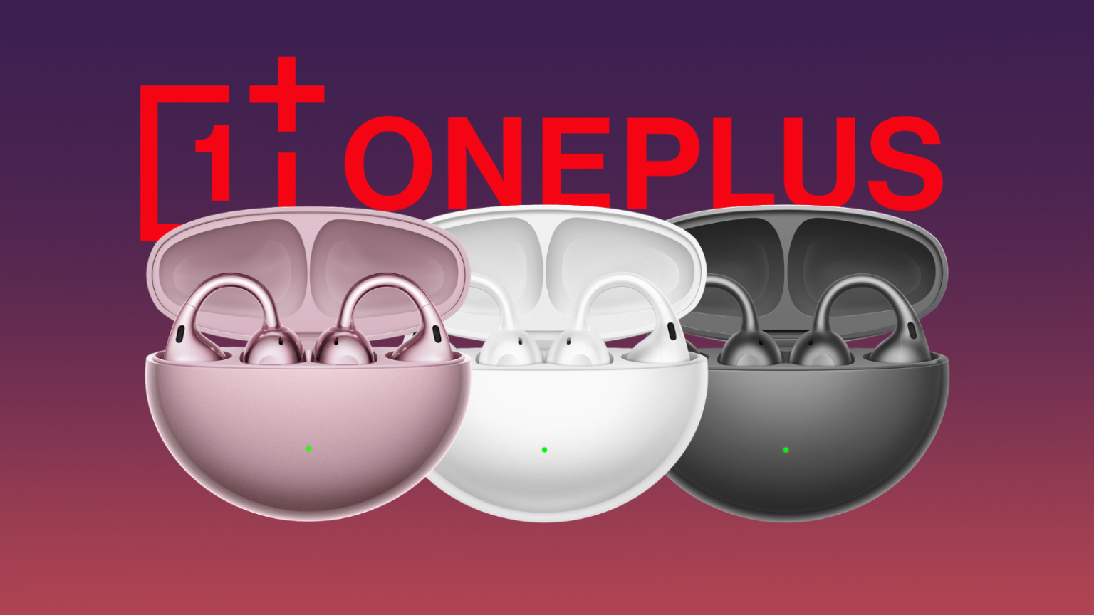 OnePlus Buds Clip - שלוש קופסאות טעינה פתוחות עם אוזניות בתצורת קליפ בצבעי ורוד, לבן ואפור מול לוגו החברה